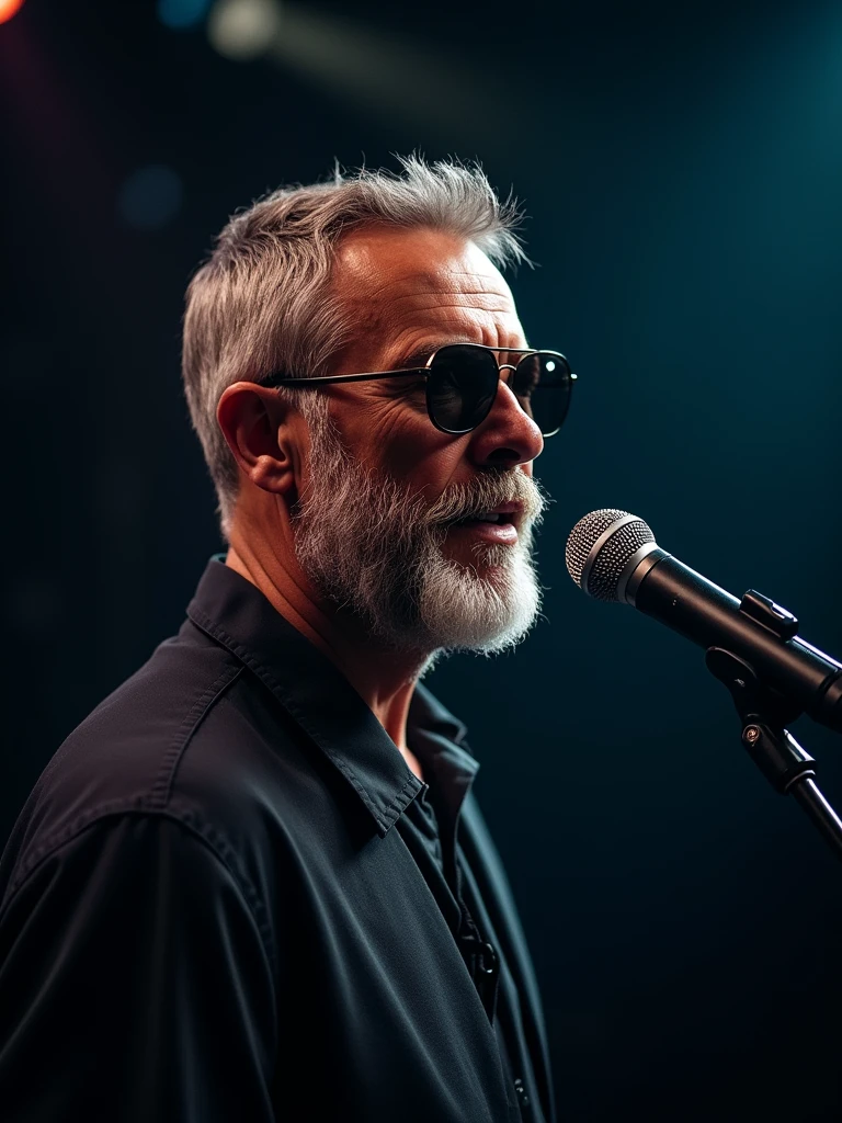 50-year-old beautiful male, short shaved silver spanish beard, dark sunglasses, emotion singing into a microphone in dark room with lights то focus, studio portrait