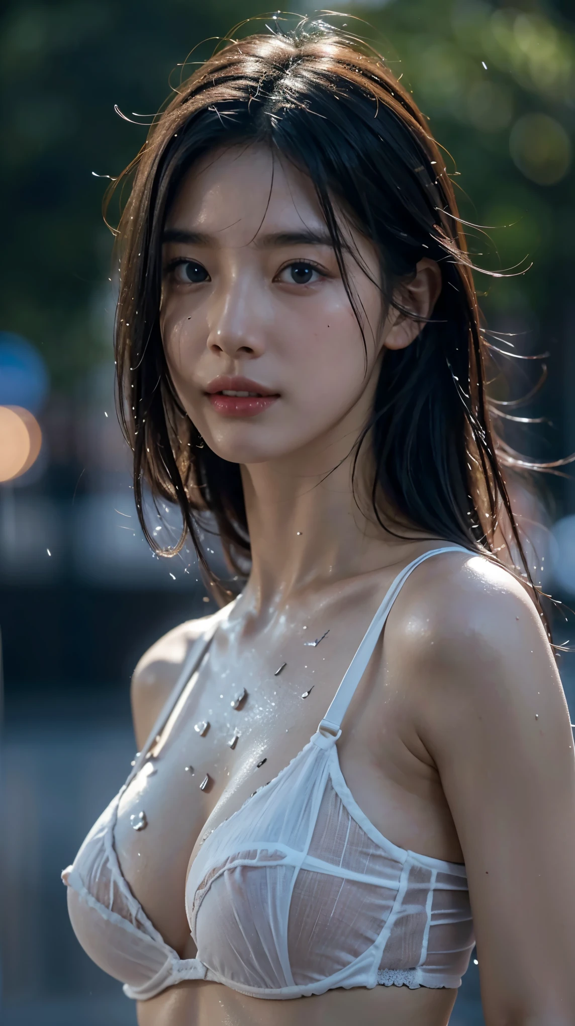 8k, masterpiece, RAW photos, best quality, realistic, extremely detailed CG unity 8k wallpaper, depth of field, (very beautiful face, beautiful lips, beautiful eyes), ((highly detailed skin)), (realistic photo:1.5), Rainy day street, (Wet Girl), ((hard nipples)), ((Dramatic Ripped Bra)), whole body, sexy pose