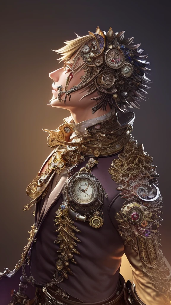 (masterpiece, Highest quality, Highest quality, Official Art, beautifully、aesthetic:1.2), (1 male), Very detailed,(Fractal Art:1.3),colorful,Most detailed, Background with fractal and mechanical steampunk details