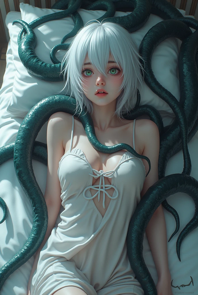 Japanese anime style，A little bit of realism，White-haired girl，Wear white，On the bed，Being entangled by tentacles and inserted into the body
