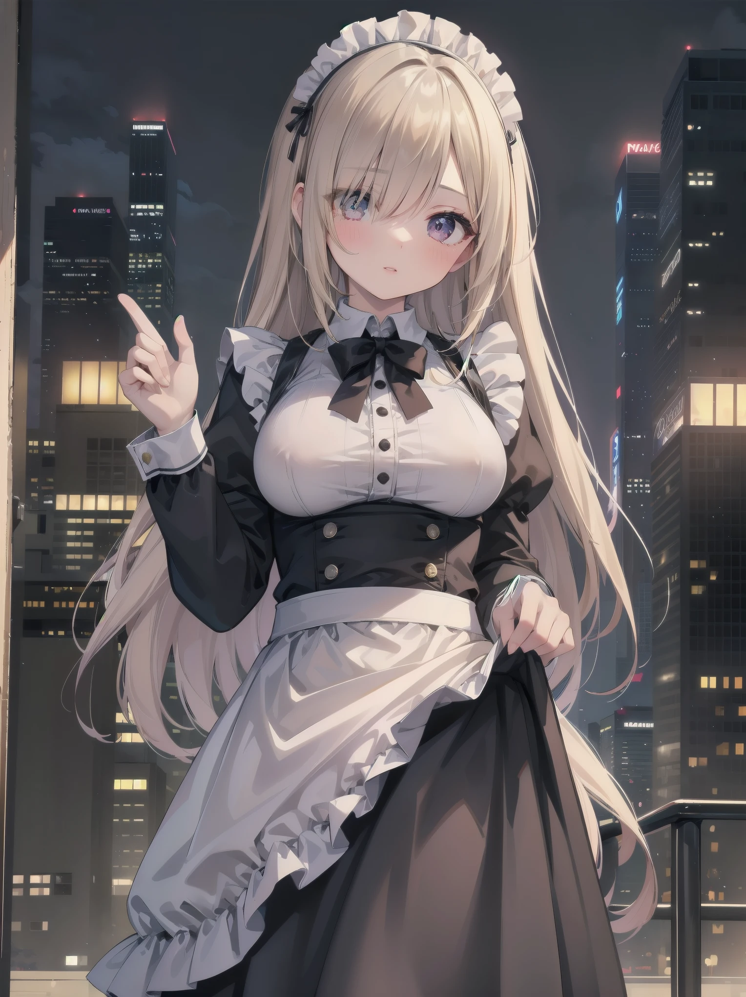Highly detailed CG Unity 8k wallpaper, Top quality, Highly detailed, Masterpiece, Highly detailed pretty girl, , (((lifting skirt by herself))), (lifting skirt by herself)), dynamic angles, sexy pose, blush, lips apart, looking at audience, half body shot, (crowd), (crowded big city)), hair over one eye, immaculate beauty, less revealing maid outfit, classical maid fashion