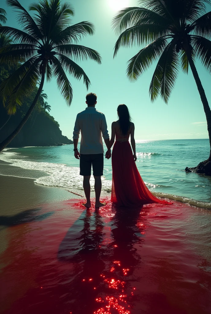 beach, bloody water, palmiers,
Un homme et un femme de dos se donnant la main