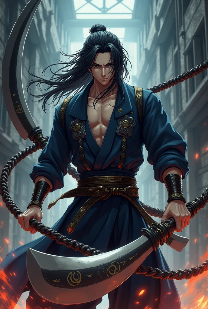 I want you to create a blind anime-style male character with a samurai cookie and who fights with two scythes connected to an iron chain. 