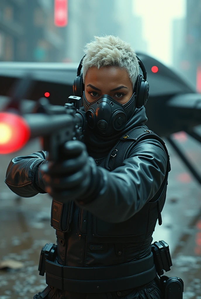 This is a CG Unity 8k wallpaper with ultra-detailed, high-resolution and top quality in cyberpunk style, dominated by black and red. In the high resolution photo, a tactical brave and  beautiful afroamerican girl dynamic pose action holding heavy assault rifle point to the camera, with white messy short hair, a delicate face, wearing a steam mecha mask, standing on the ruins, behind her is assisted by  huge cutting edge war Dron that protects and assist to her in the danger sits. Atmospheric neon noir dramatic lits, realistic photography extremely cinematic film, muted colors, cyber, visser, Masterpiece, depth-field,