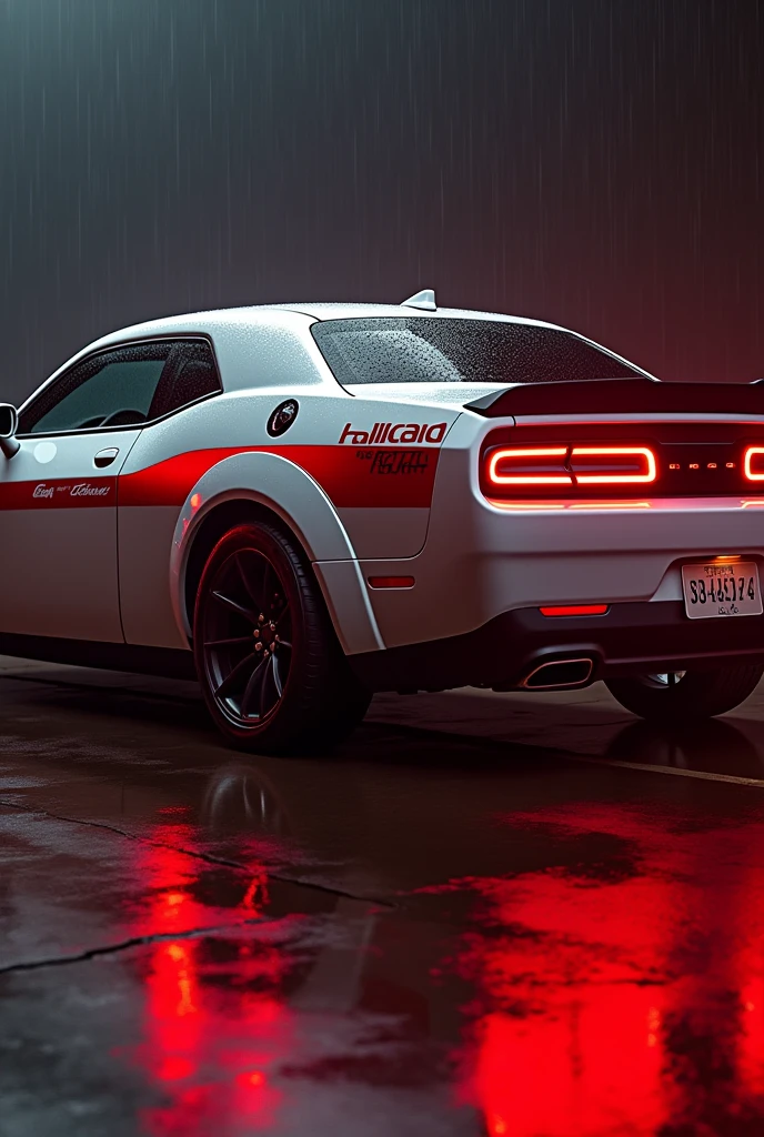 Dodge Challenger SRT hellcat red eye in white colour with red strips with red light in the clean environment with and red fume behind it with some rain drops  dark background 