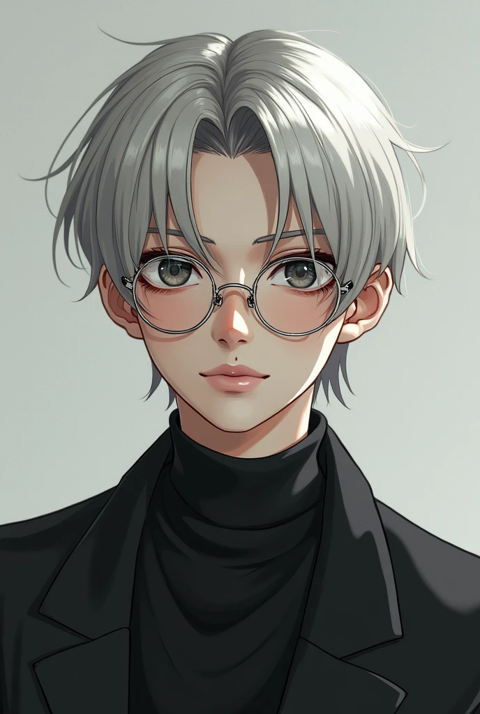 A Cool and emotionless boyish with short silver Blonde hair and blank onyx colored eyes, mole on the bottom right cheek and a silver framed glasses 