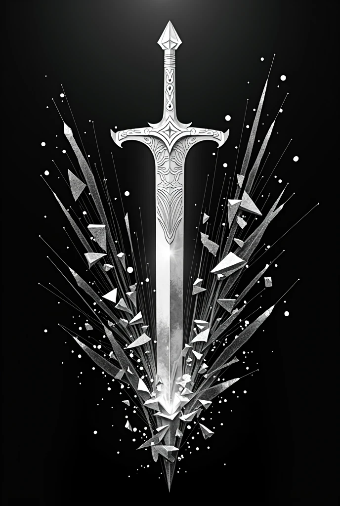 Imagine a sleek, vertically positioned sword at the center of the emblem, with intricate patterns etched along its blade. Surrounding the sword are fragments of shattered glass or crystal, alternating between black and white, creating a striking contrast. The shards, varying in size, radiate outward, symbolizing broken barriers and shattered illusions. Thin lines of energy weave through the shards, connecting them to the sword, representing the power that binds Aria’s journey. The overall design is modern, fragmented, and sharp, with a monochromatic palette that adds depth and complexity, making it an eye-catching and powerful emblem