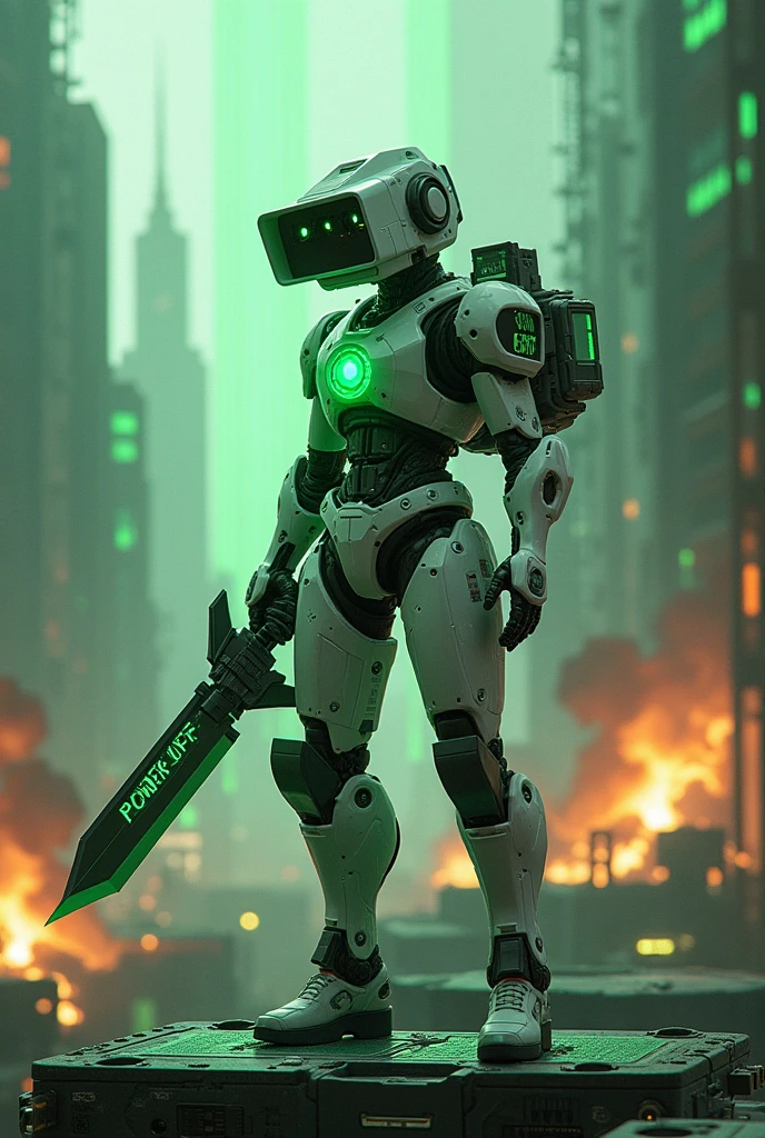 Man wear cyberpunk robocop armor suit white keyboard PC concept. Helmet like PC monitor.. Long mechanize Sword from classic white keyboard. Keyboard pad design as sword. Binoculars eyes.keyboard on chest. Big turn off button logo on chest glowing green ,. Holding keyboard sword. War background. Bombing effect background. Backpack cpu.(( Standing on the motherboard green circuit)).. city motherboard background. In digital dimensions. glowing green on circuit . Green matrix background.