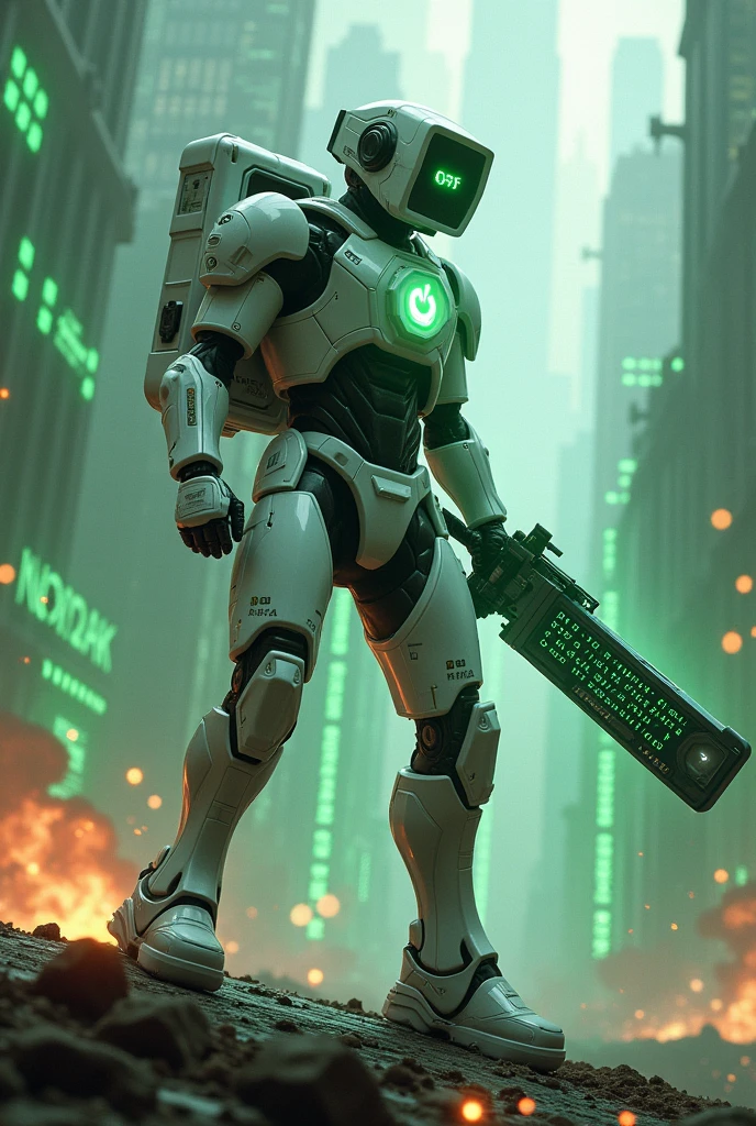 Man wear cyberpunk robocop armor suit white keyboard PC concept. Helmet like PC monitor.. Long mechanize Sword from classic white keyboard. Keyboard pad design as sword. Binoculars eyes.keyboard on chest. Big turn off button logo on chest glowing green ,. Holding keyboard sword. War background. Bombing effect background. Backpack cpu.(( Standing on the motherboard green circuit)).. city motherboard background. In digital dimensions. glowing green on circuit . Green matrix background.