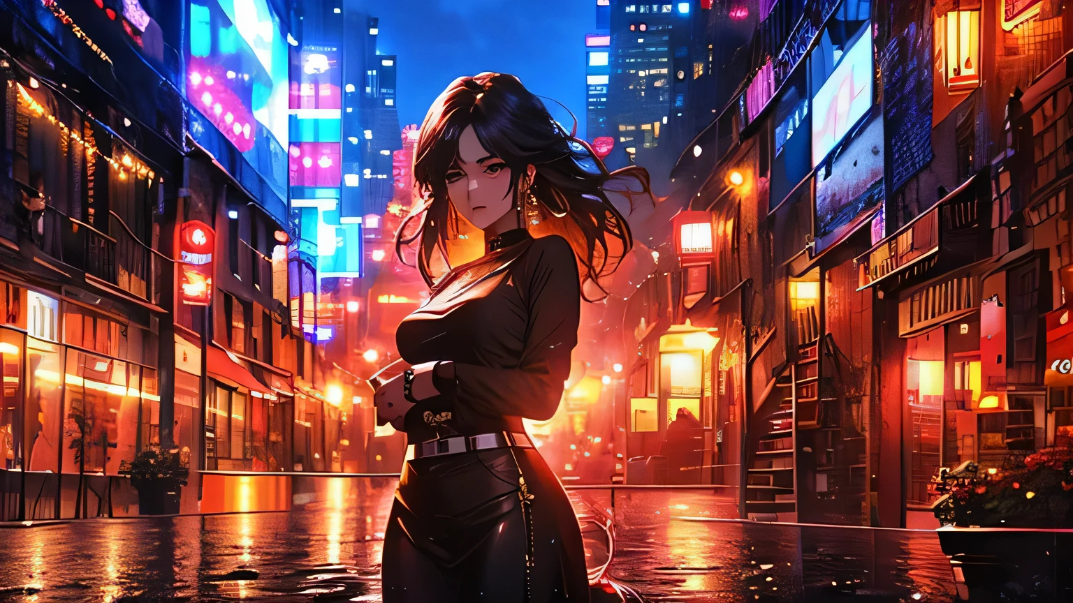 Attention to detail, high quality, high resolution, 4K, 8k, beautiful woman, beautiful eyes, she stands at the rooftop of a building, flowing hair, she watches the beautiful city view, calm atmosphere, relaxed atmosphere, neon lights, Grains of light,whole body