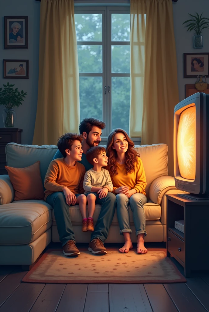 Illustration of a family at home watching TV