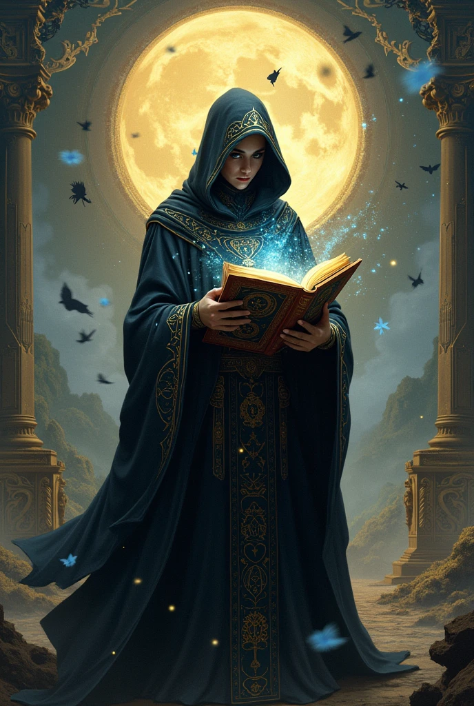 **Prompt :** Un personnage énigmatique au centre de l'illustration, vêtu d'une longue cape noire ornée de motifs dorés rappelant des constellations et des symboles anciens. Le personnage tient un livre ancien d'où s'échappent des lueurs bleutées et dorées, semblant contenir la sagesse et les secrets des âges passés. Son visage est partiellement caché par une capuche, ne laissant entrevoir que des yeux brillants et perçants, remplis de mystère. Autour de lui, des fragments d'histoires flottent dans l'air, représentant des scènes mythologiques, des batailles épiques, et des créatures légendaires. L'arrière-plan est une fusion de paysages historiques, avec des ruines anciennes, des temples majestueux, et des forêts enchantées, le tout baigné dans une lumière douce et mystique.