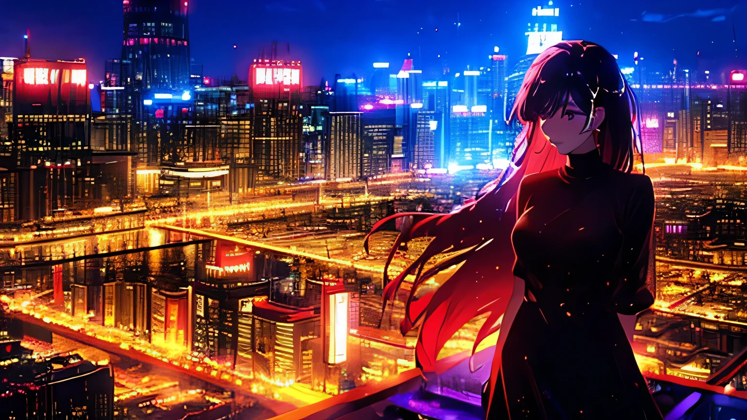 Attention to detail, high quality, high resolution, 4K, 8k, beautiful woman, beautiful eyes, she stands at the rooftop of a building, flowing hair, she watches the beautiful city view, calm atmosphere, relaxed atmosphere, neon lights, Grains of light,whole body