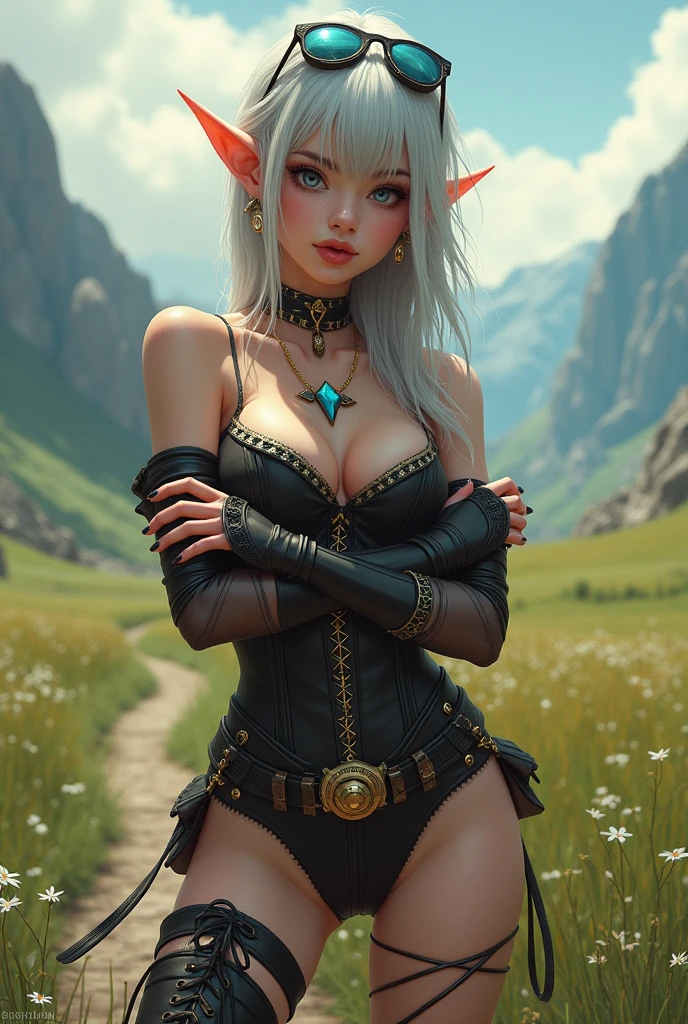 work of art, high qualiy, 1_Woman, ((trunk)), (with arms crossed), ((crossing your arms)), standing, (exotic skin_complexion:1.4), mellow, (looking away from viewer), (pouting face), Cao Cao, comely, exotic, with far away elf ears, far away hair, silver hair, face detailed, having diamond shaped eyes, blue colored eyes, (tenebrosa_eyeliner), far away_medium eyelashes_Bustness, wearing a steampunk corset, boob window, (shorts marrons), crossed belts, (glasses on head), far away fingerless_mitts, belts with metal gears, black thigh highs with embroidery, lace up knee boots, dynamic lighting casts detailed shadows, Mountains in the distance, Walking Path, grassy field,