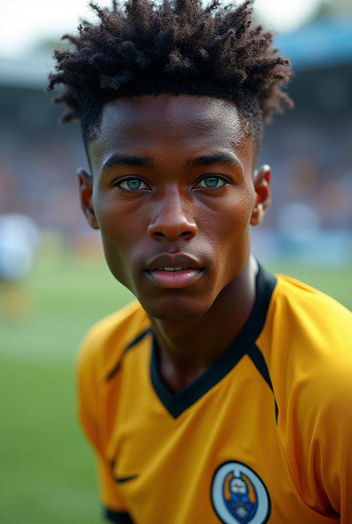 A handsome black young teen mixed race soccer player with blue eyes face