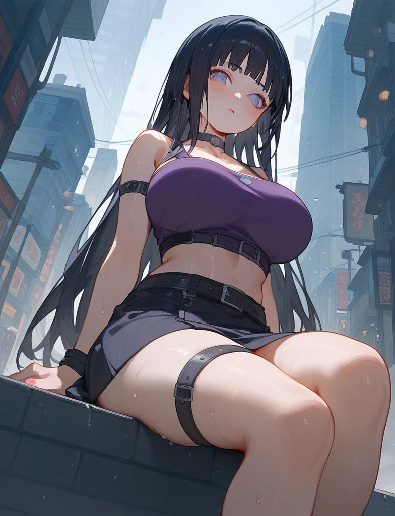 score_9_up,score_8_up, girl, solo , from below, hinata hyuga, Naruto, ((sweaty)), black hair , long hair, (blush:1.1), choker, big breast, city, streets, sitting, (violet top), black stockings, skirt, thigh strap, belt, bare shoulders
