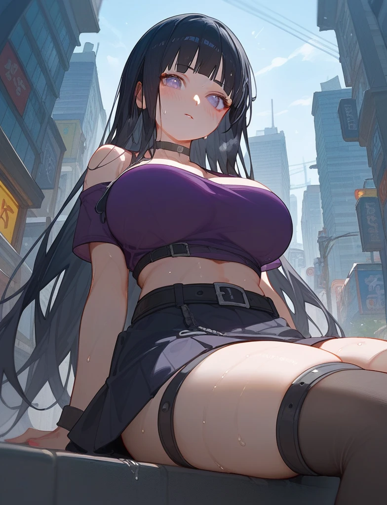 score_9_up,score_8_up, girl, solo , from below, hinata hyuga, Naruto, ((sweaty)), black hair , long hair, (blush:1.1), choker, big breast, city, streets, sitting, (violet top), black stockings, skirt, thigh strap, belt, bare shoulders
