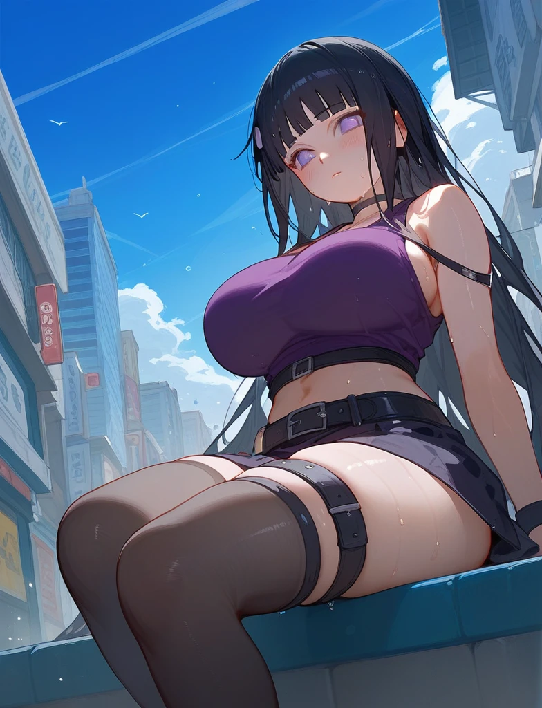 score_9_up,score_8_up, girl, solo , from below, hinata hyuga, Naruto, ((sweaty)), black hair , long hair, (blush:1.1), choker, big breast, city, streets, sitting, (violet top), black stockings, skirt, thigh strap, belt, bare shoulders