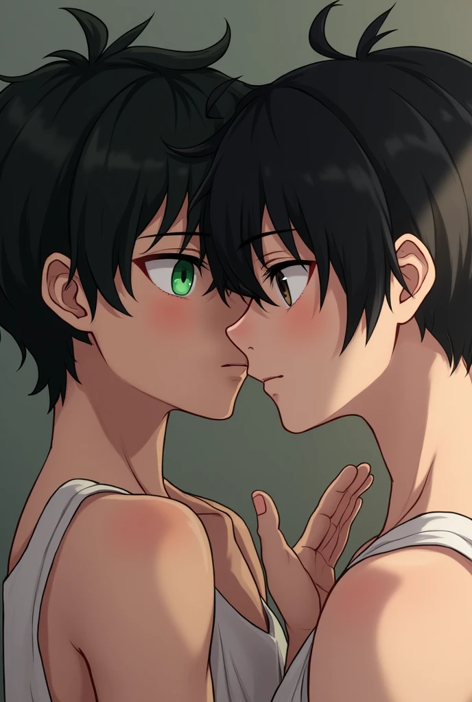 Black haired boy with green eyes having sex with another boy with black hair, light skin and black eyes 