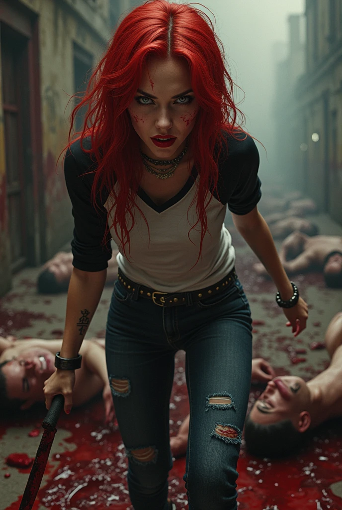 Seductive and Beautiful young woman with a soul of pure evil and hatred. Alluring long red haired serial killer wearing a punk rock raglan top, skinny jeans, and combat boots. Surrounded by blood and bodies. She attacks a man viciously, A bloody knife in her right hand. A sinister smile crosses her glossy red lips.