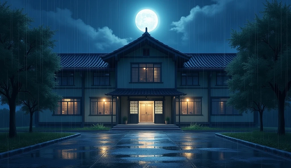 front of a japanese school, no people, raining, night, moon, In the style of Makoto Shinkai。master piece, ultra detail, precision, ultra-realistic,