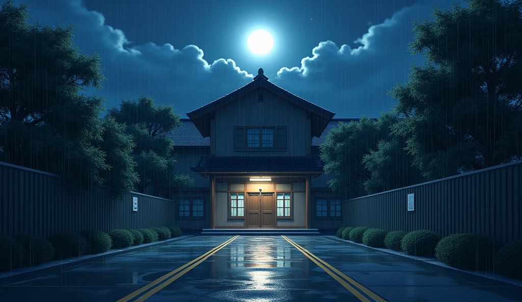 front of a  japanese school,  no people, raining, night, moon, In the style of Makoto Shinkai。master piece, ultra detail, precision, ultra-realistic,
