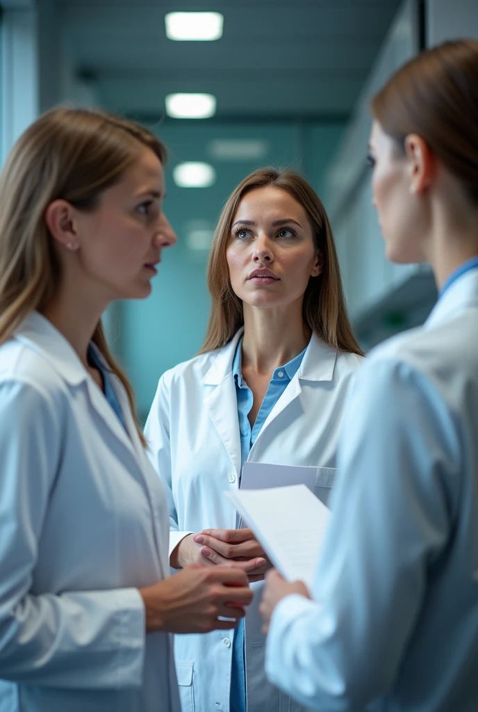 Create two people who are being audited for quality, and the auditor. Who are being audited wearing lab coats, one female and one young man and they are in the lab, the auditor is middle age woman, not animation, photo, their faces are visible. It is an audit, this should be clear. Auidtor should hold documents her hand