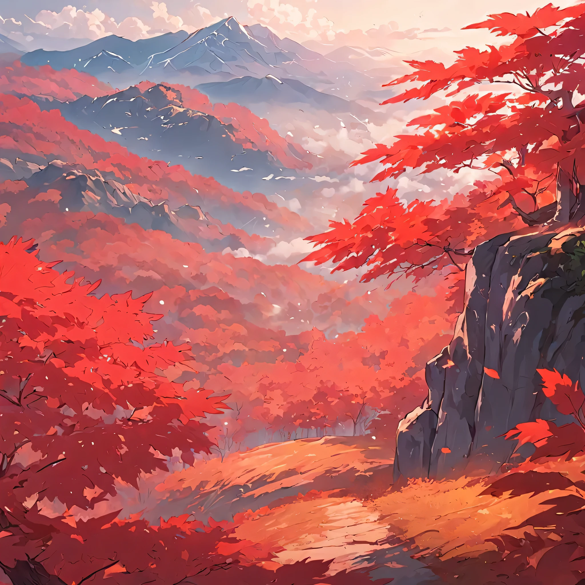 There are large maple leaves in the foreground,The background is rolling mountains,Close-up,Maple leaves,Red-green,Faraway view,mont,Cloud fog,high definition detail、tmasterpiece、Best quality,Wallpapers