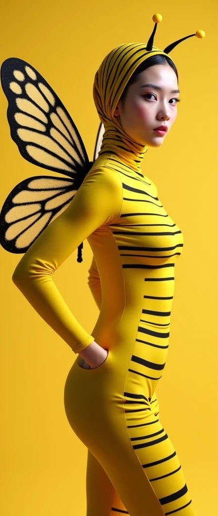 the beautiful,slender thin and prettiest Asian muslimah adult girl with beautiful cheeks wears yellow bee lycra turtleneck unitard catsuit covered with seamless black stripes with a pair of bee wings and always wear bee lycra elastane stretchy dance wear hijab covered with seamless stripes with antennae.