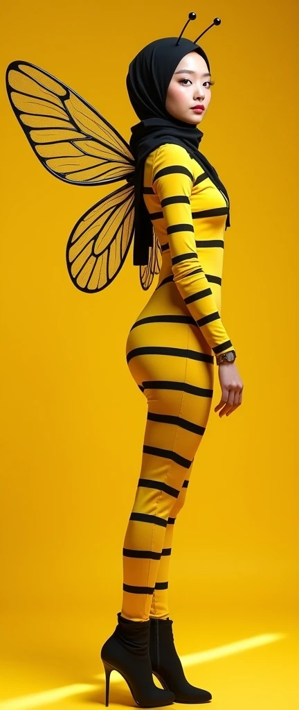 the beautiful,slender thin and prettiest Asian muslimah adult girl with beautiful cheeks wears yellow bee lycra turtleneck unitard catsuit covered with seamless black stripes with a pair of bee wings and always wear bee lycra elastane stretchy dance wear hijab covered with seamless stripes with antennae.
