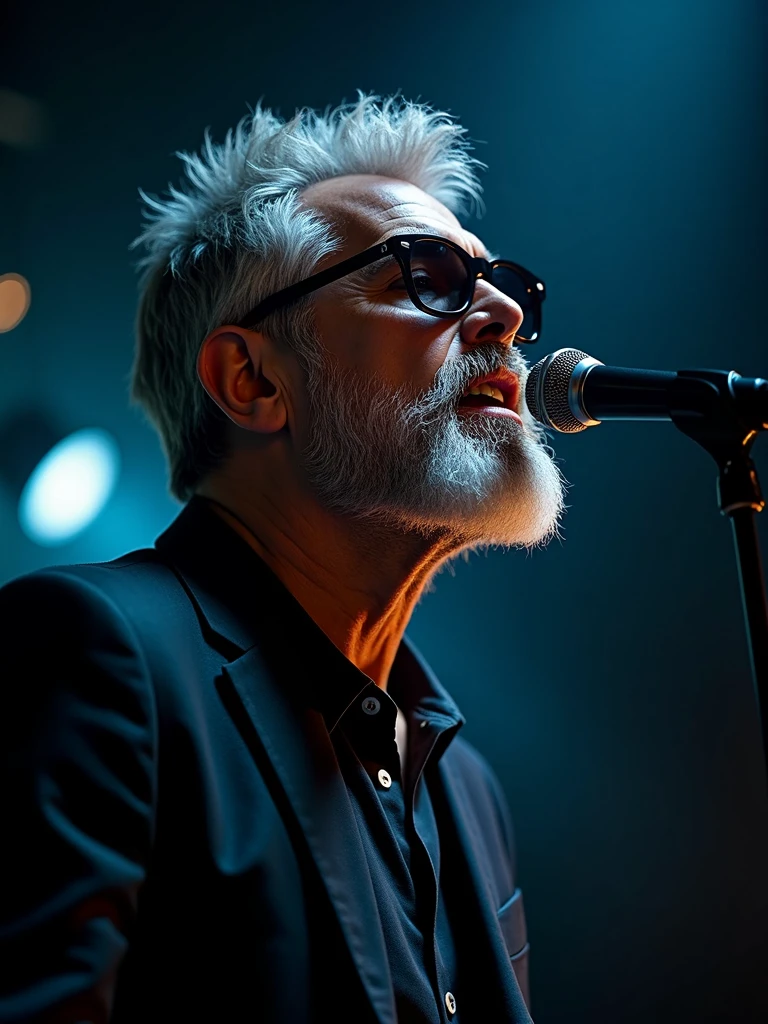 50-year-old beautiful male, short shaved silver spanish beard, dark sunglasses, emotion singing into a microphone in dark room with lights то focus, studio portrait