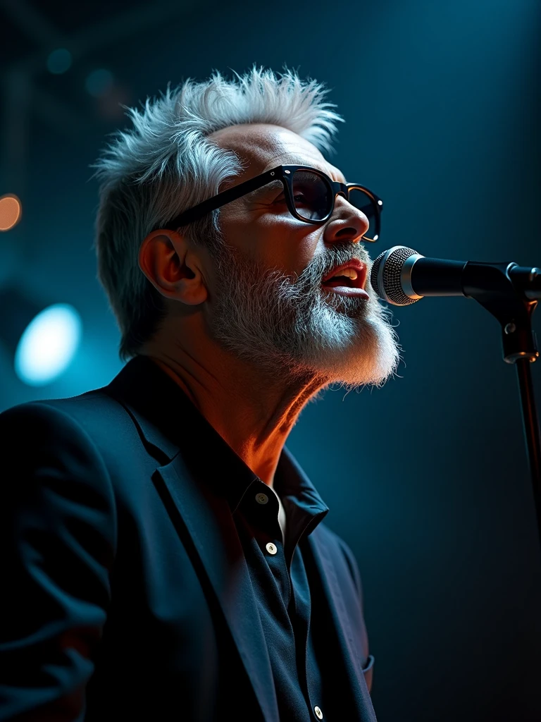 50-year-old beautiful male, short shaved silver spanish beard, dark sunglasses, emotion singing into a microphone in dark room with lights то focus, studio portrait
