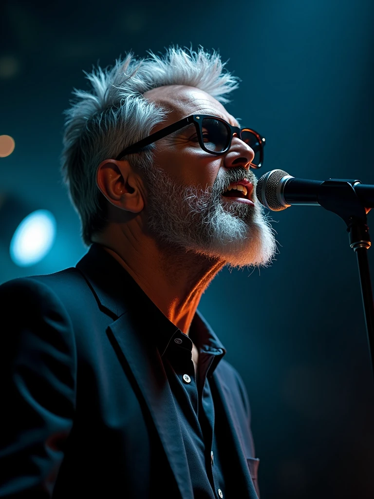 50-year-old beautiful male, short shaved silver spanish beard, dark sunglasses, emotion singing into a microphone in dark room with lights то focus, studio portrait
