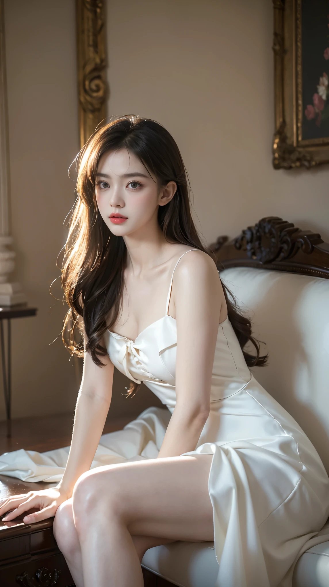 ****ta1,dress,flower, ((1 girl, elegant sitting posture)), Natural leg proportions, visible division, masterpiece, ((Sleek and long legs)), (best quality, 4K, 8k, mackerel, masterpiece:1.2), very detailed, (realistic, photorealistic, photo-realistic:1.37), official art, CG, anatomically correct, Random Scene, Any camera angle, cinematic, of the photo, complex background, soft lighting, subtle shadows, vivid colors, expressive eyes, delicate features, High Fashion Outfits, ambient atmosphere, A candid moment, natural expression, detailed texture, fine details, Sophisticated elegance, sophisticated style, artistic composition, Beautifully rendered.