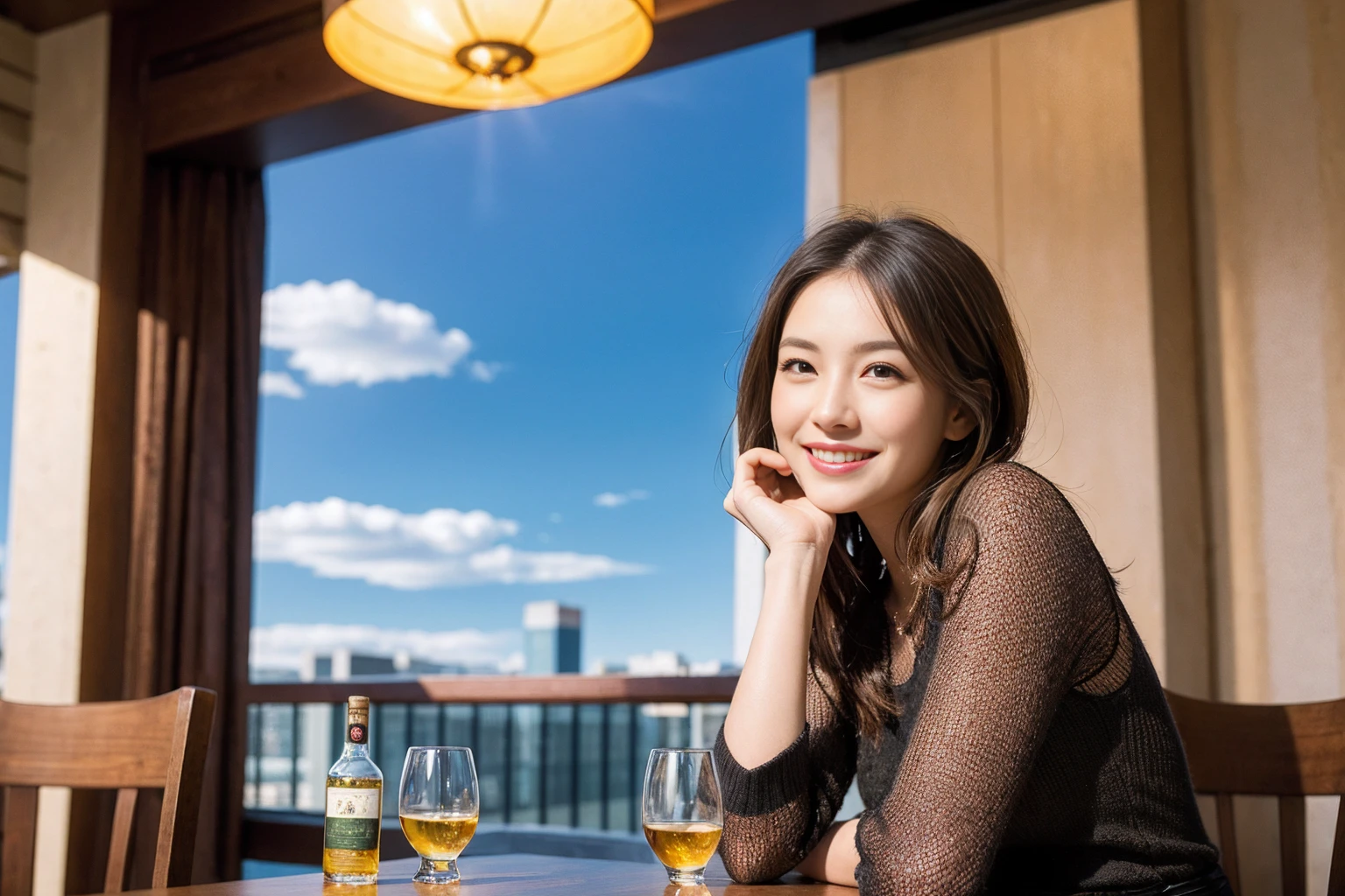 ((Highest quality、8k、masterpiece:1.3))、Whiskey bottles、whiskey、Suntory、Nikka、slimカップル、modelカップル、(Realistic, Intricate details:1.2), full-course dinner、Whiskey bottle and glass on the table、Single Malt、scotch、Rocks glass、Shot Glass、on the rocks、Scotland、Amazing view of the sunset sky and clouds、A bright smile、The wonderfulness of smile、 Beautiful Face, blue eyes, The light shines on your face, blush, short hair,Bright Face、 (Age 37), 3,Two beauties、Brown Hair、Shortcuts、Long sleeve shirt、dress、Beautiful woman 1, (slimな顔), (The body is slim), (Brown Hair), (Shortcuts), cheeks turn a little red,Attractive beauty、restaurant, In a prominent place (From the waist up) Nova Frog Style, actress, model, Upper Body, White wine, slim, smile, (smile: 1.15), Beautiful fine grain, Depth f/2,saturation, High Contrast, Strong light and shadow,Moist Body:1.5、3D texture、Delicate eyes、Brown Hair、The hair is very shiny、