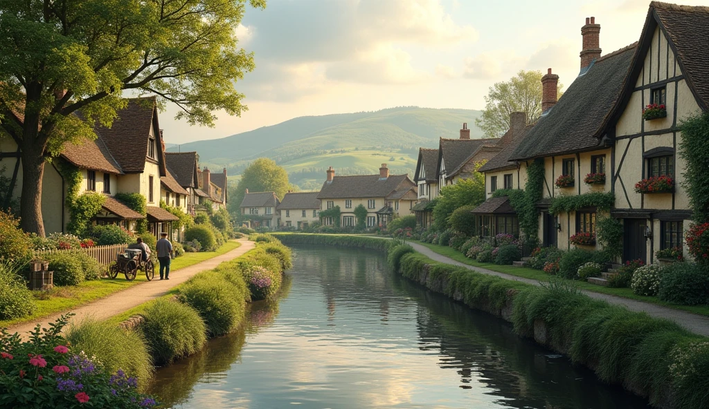 morning vibes in cottage villages with rivers flowing side by side with village main roads in England, 