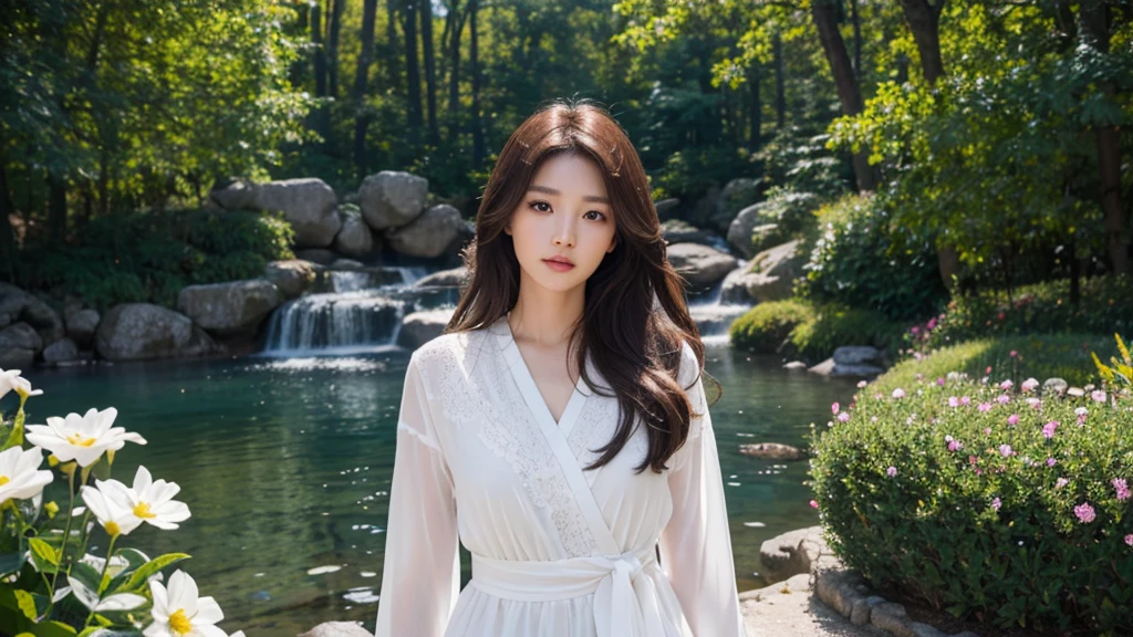 1girl,beautiful Korean girl, long brown hair Messy style, a woman walking like fashion photo models, full body in the white sexy design style garden with many flower , 2, with full expresion ,Slovenia,girl wearing a black modern cloth , beautiful scenery,sunlight,warm colors,soft lighting,beautiful detailed eyes,beautiful detailed lips,extremely detailed eyes and face,longeyelashes,photorealistic,4k,8k,highres,masterpiece:1.2,ultra-detailed,realistic,photorealistic:1.37,HDR,UHD,studio lighting,ultra-fine painting,sharp focus,physically-based rendering,extreme detail description,professional,vivid colors,beautiful portrait, uhd 8k profesional photography