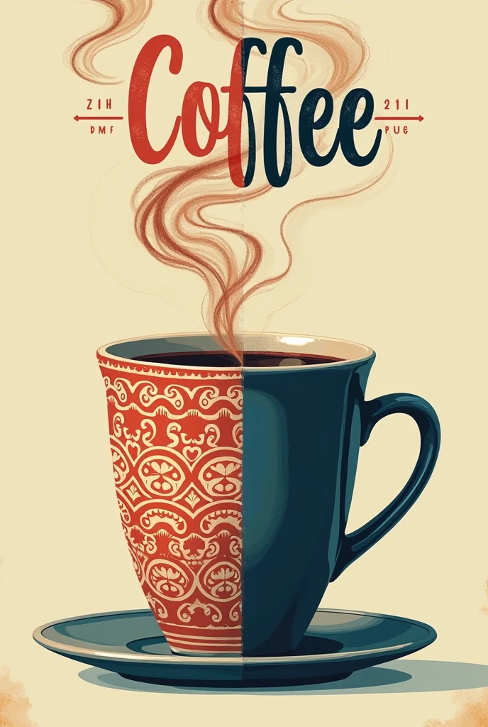create a cover for a podcast, With the following data: A picture of a cup of coffee, but with a design divided into two halves: the left half has a vintage style (with ancient patterns) and the right half is more modern and minimalist. Steam rising from the cup forms the podcast title in a fluid, stylized design. The title of the podcast is : "This is NOT about Ages"