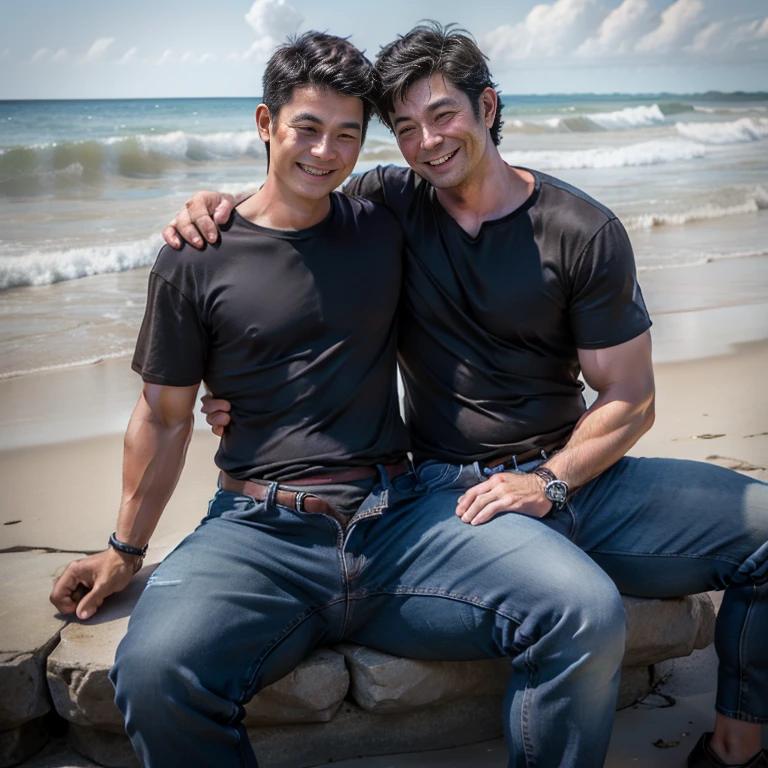 40 years old、Two Men、Social People　Asian　Black Shirt、Blue Jeans　The crotch area of my trousers is swollen、Black hair and brown hair　smile　Ocean　Two people sitting on the beach　Embrace each other