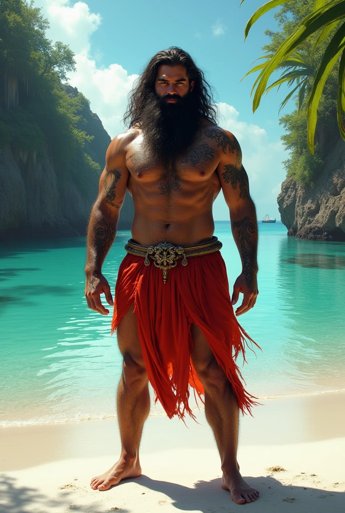 Huge, strong, hairy, bearded, spotted Persian man in red underwear on a white sand river beach and a beautiful lagoon with endless views and green waters in the background.