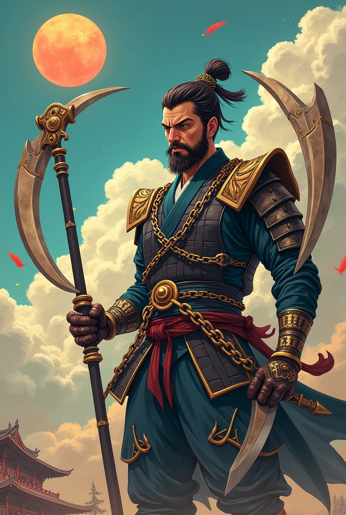 I want you to create a blind anime style male character for me with a samurai cookie fighting with two scythes connected to an iron chain