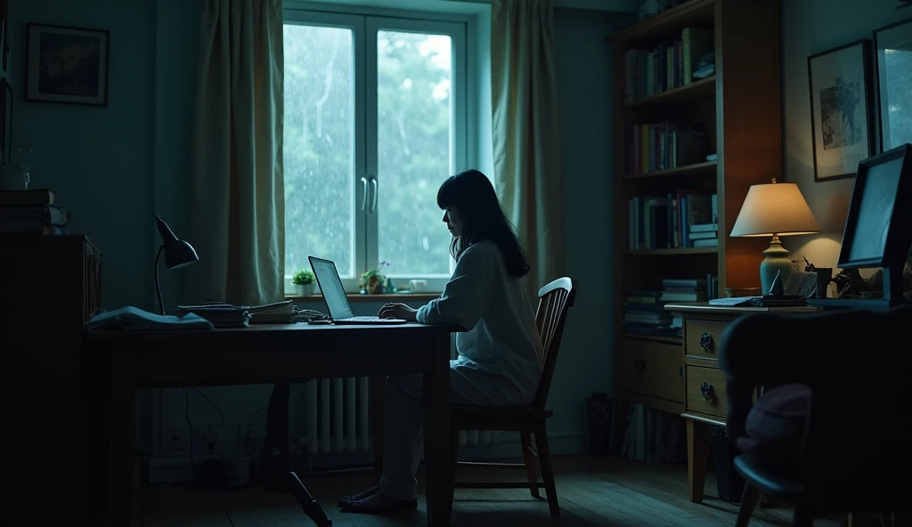 A side view photo of a young and beautiful Korean woman sitting in a comfortable chair close to her study table in an old, dark room. The woman is facing away from the camera and is studying. The room has a wooden floor and is filled with various items, including a table, a study lamp, a laptop, a mobile phone, and books kept on a table. A window in the room is illuminated by a lightning strike, revealing raindrops hitting the glass. The overall atmosphere of the photo is eerie and mysterious. she is thinking about her old father and mother