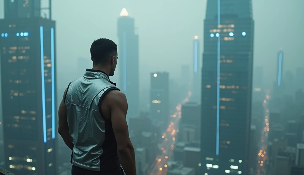 Asia male standing on the top floor of a building in cyberpunk Saigon city, wearing a silver tech vest, his eyes searching. Setting: Gray city, deserted streets, skyscrapers with sparkling blue LED lights. Lighting: Gray tones with dim neon lights. Effects: Smoke and blue light running along the buildings. Special: Stifling and quiet atmosphere, city not activated.