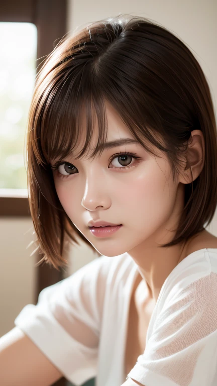 Highest quality、8k傑作、Ultra-high resolution、(Photorealistic:1.3)、RAW Photos、1 person、Brown hair short bob、Glowing Skin、1 personの超美人女子大生、((Ultra-Realistic Details))、Portrait、Global Illumination、Shadow、Octane Rendering、8k、Super sharp、Very intricate details、Realistic Light、CGSoation Trend、Beautiful Eyes、Shining Eyes、To the camera、White shirt、sheer、blush、Cleavage