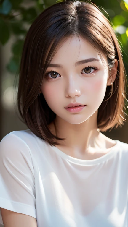 Highest quality、8k傑作、Ultra-high resolution、(Photorealistic:1.3)、RAW Photos、1 person、Brown hair short bob、Glowing Skin、1 personの超美人女子大生、((Ultra-Realistic Details))、Portrait、Global Illumination、Shadow、Octane Rendering、8k、Super sharp、Very intricate details、Realistic Light、CGSoation Trend、Beautiful Eyes、Shining Eyes、To the camera、White oversizedＴshirt、sheer、blush、amount、Spread your hands wide