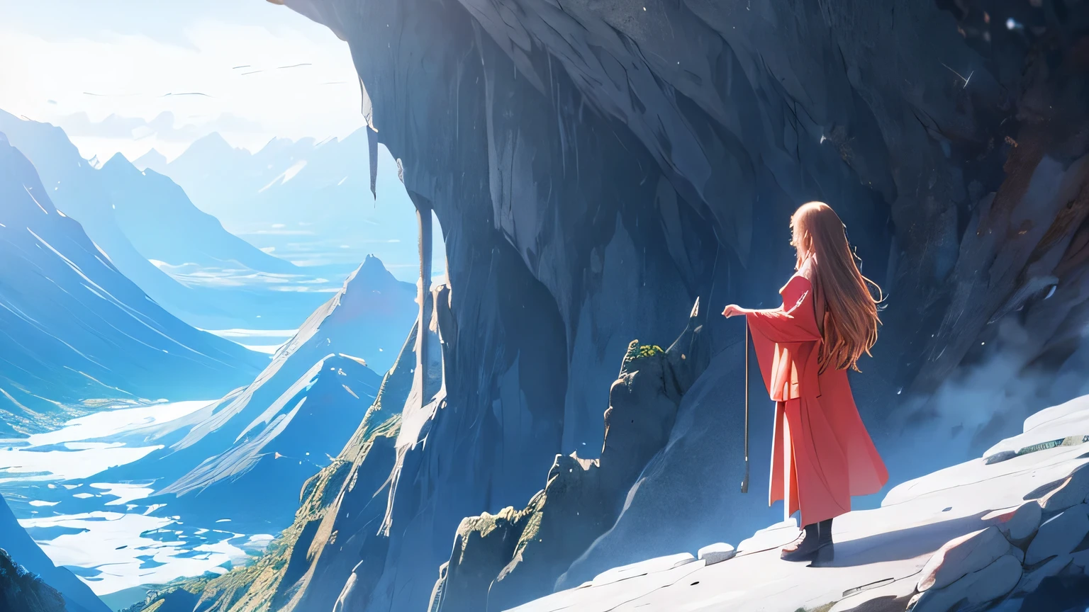 Attention to detail, high quality, high resolution, 4K, 8k, she stands on the mountain, flowing hair, beautiful view, calm atmosphere, relaxed atmosphere