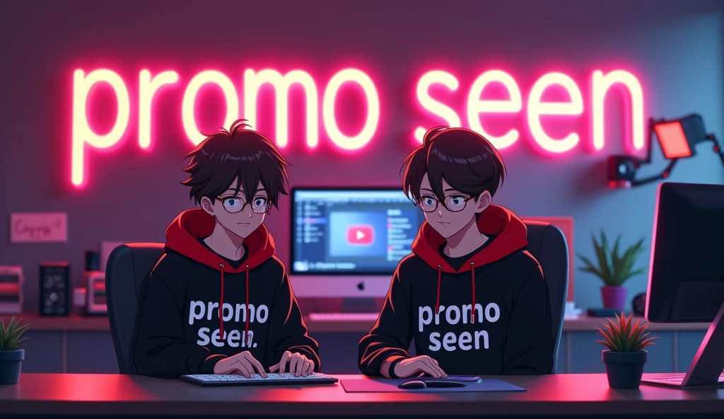 Create a vibrant and extremely engaging anime-style 2 boy with a smart appearance, sitting in front of a computer desk. He is wearing a black and red hoodie with the Channel Name 'Promo Seen' on it. The setup includes a microphone and a laptop on the desk. The background features a large YouTube logo on the wall, surrounded by various recording equipment. Ensure the studio has a modern YouTube aesthetic with professional lighting to make the avatar stand out. Add a neon light design font spelling out 'PROMO SEEN' on the wall. The overall scene should be dynamic and visually appealing, perfect for an Al talking avatar video.