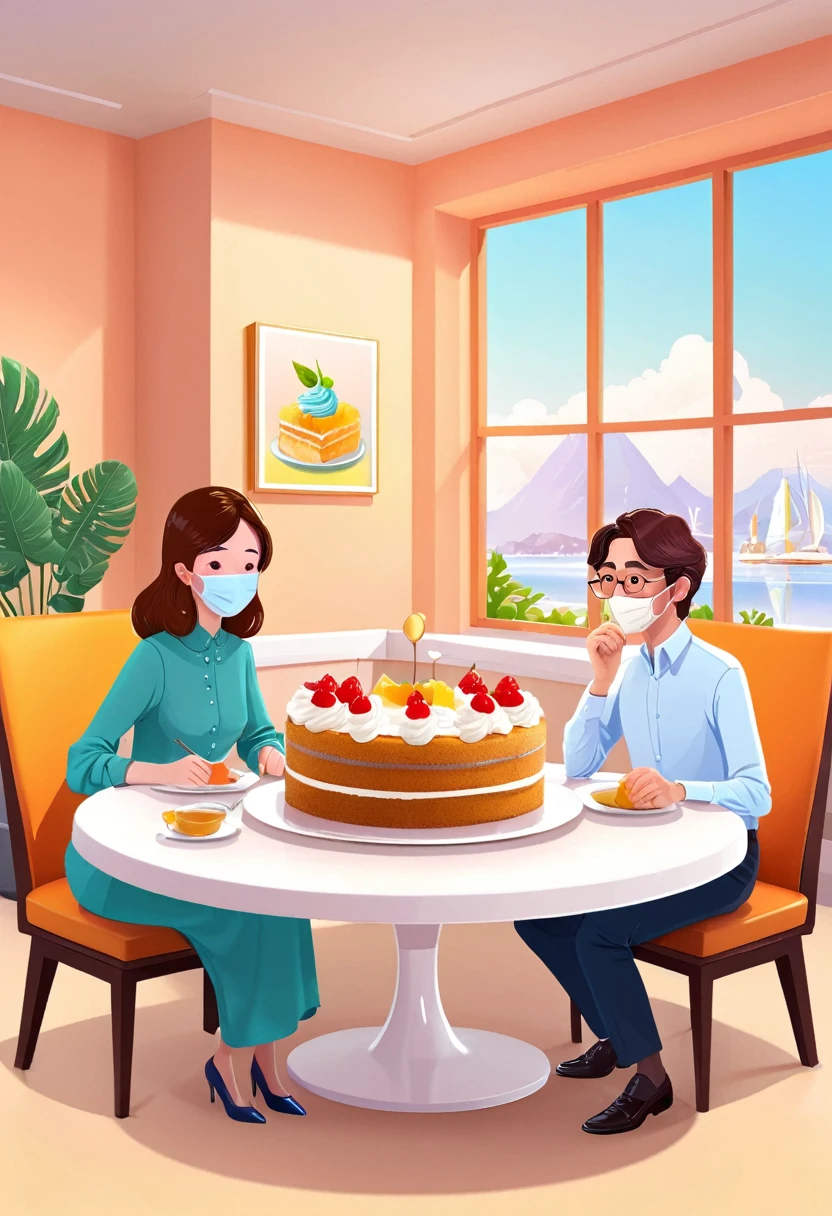 A dessert restaurant,Desserts on the table,Very pleasant,3 people around the table, 2D Illustration, 2D Illustration, detailed 2D Illustration, Clean and concise illustrations, Website Avatar, simple cartoon style, digital 2D Illustration, 2d mask illustration, 2. 5D Illustration, Animation illustration style, john egbert, 2D digital illustration, Simple illustration