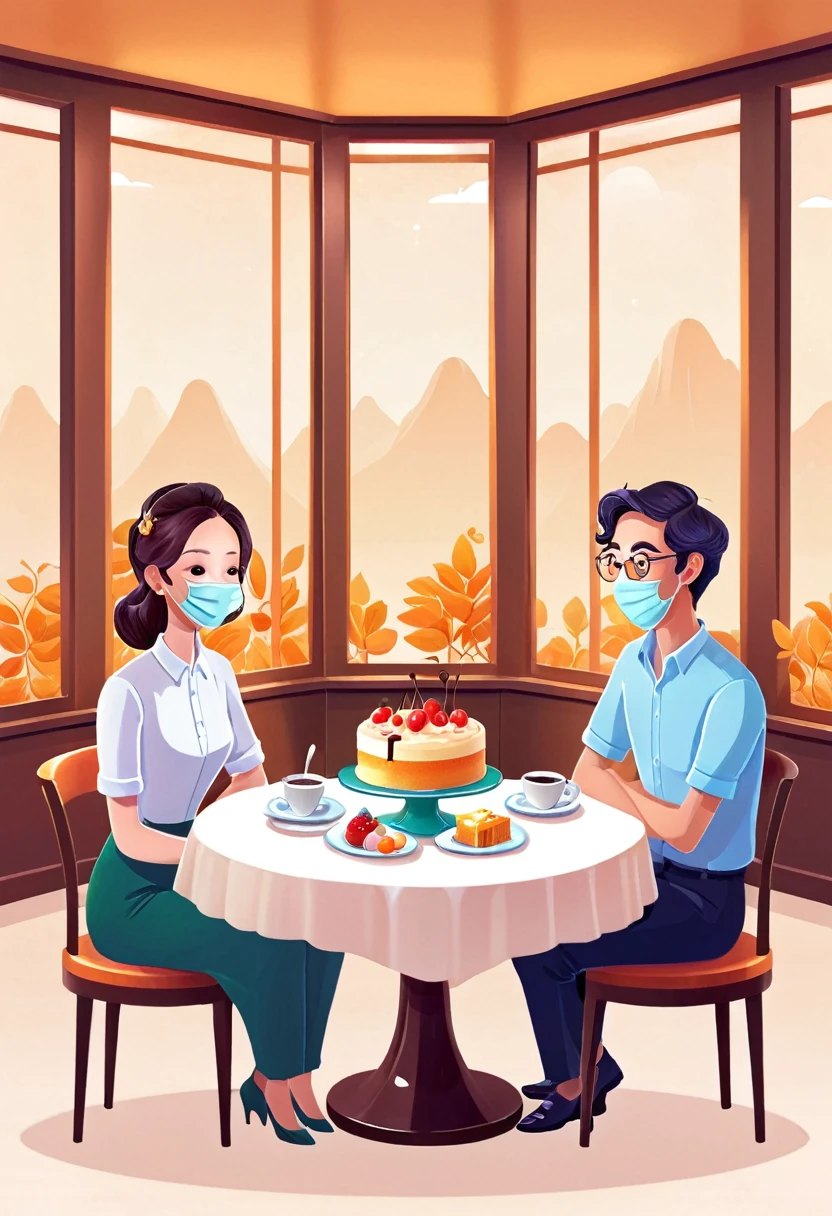 A dessert restaurant，Desserts on the table，Very pleasant,3 people around the table， 2D Illustration, 2D Illustration, detailed 2D Illustration, Clean and concise illustrations, Website Avatar, simple cartoon style, digital 2D Illustration, 2d mask illustration, 2. 5D Illustration, Animation illustration style, john egbert, 2D digital illustration, Simple illustration