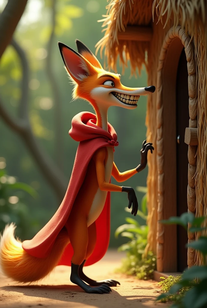 closeup sideview 3D illustration, (1male fox:1.2), (grinning expression:1.3), wearing a red cape and a red hoodie standing on its too feet like a cartoon character, (looking at the door and grinning like a devil), lean build, (disproportionate body long nose and mouth), (smiling notoriously), (realistic fur texture), (jungle background:1.4), standing and knocking the door of a straw house, sunlight filtering through the trees, (soft lighting:1.3), (green and earthy color scheme:1.3), (highly detailed), (ultra quality:1.3), (masterpiece), (digital art), 8K resolution, HDR, depth of field, (soft shadows), (photorealistic:1.3), (animation:1.2), (by Greg Rutkowski:0.9), (in the style of Alphonse Mucha), trending on ArtStation, award-winning art